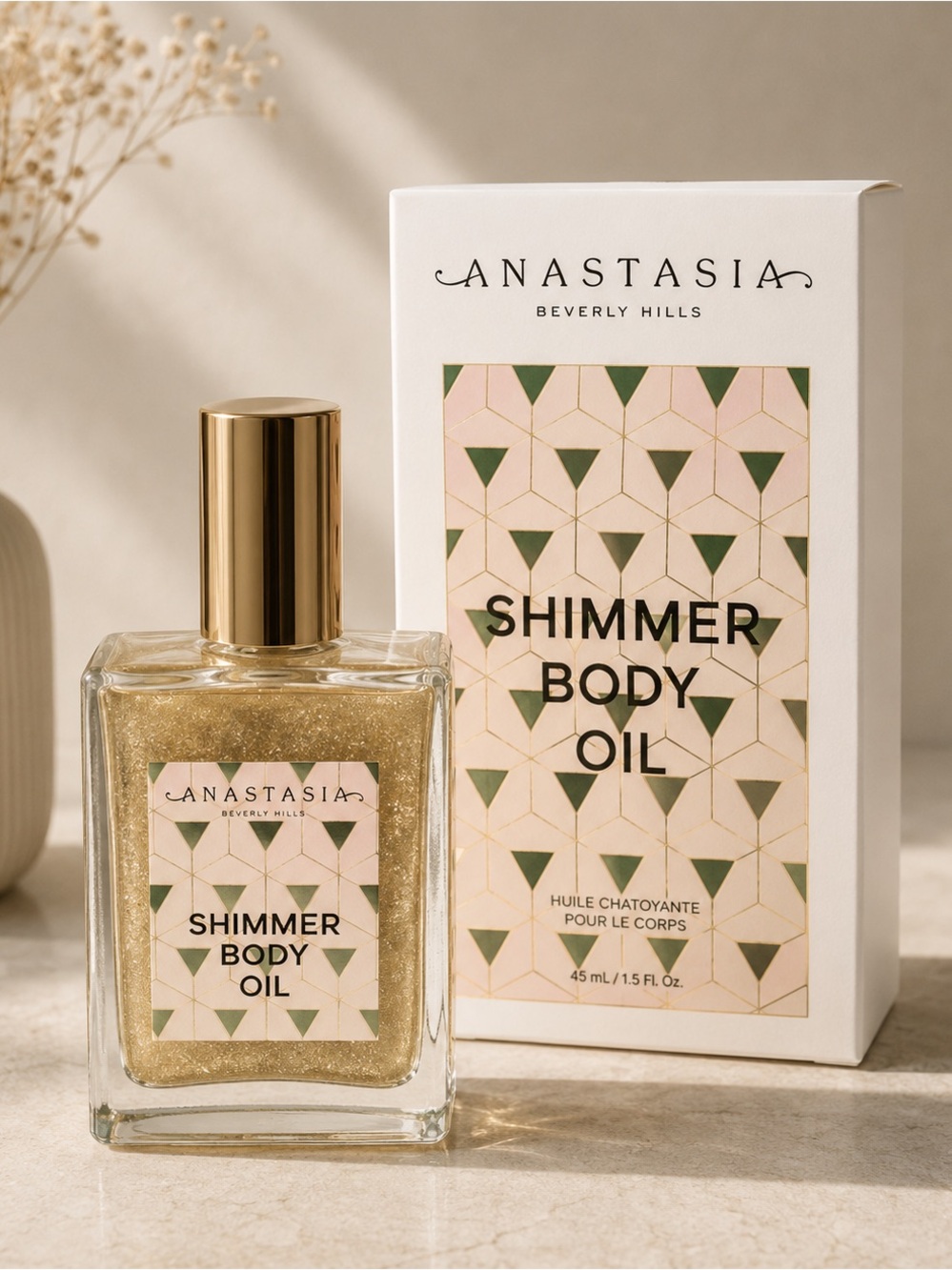Anastasia Shimmer Body Oil — Gold Bottle with Pink & Cream Label